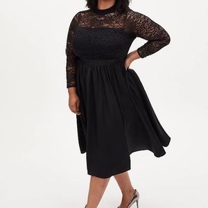 Black Lace Mock Neck Skater MIDI Dress